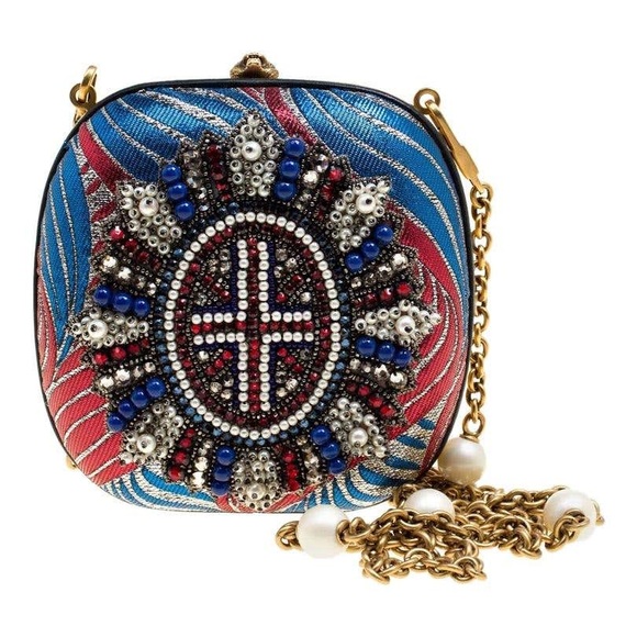 Gucci Handbags - Gucci Broadway Brocade Pearl Embellished Clutch